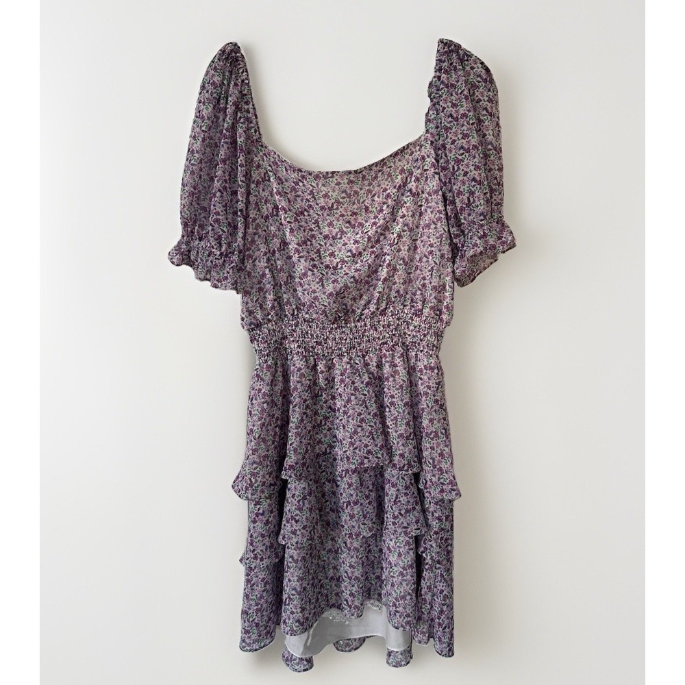Leyden Dress Purple Floral Ruffled Tiered Smocked Sz XL